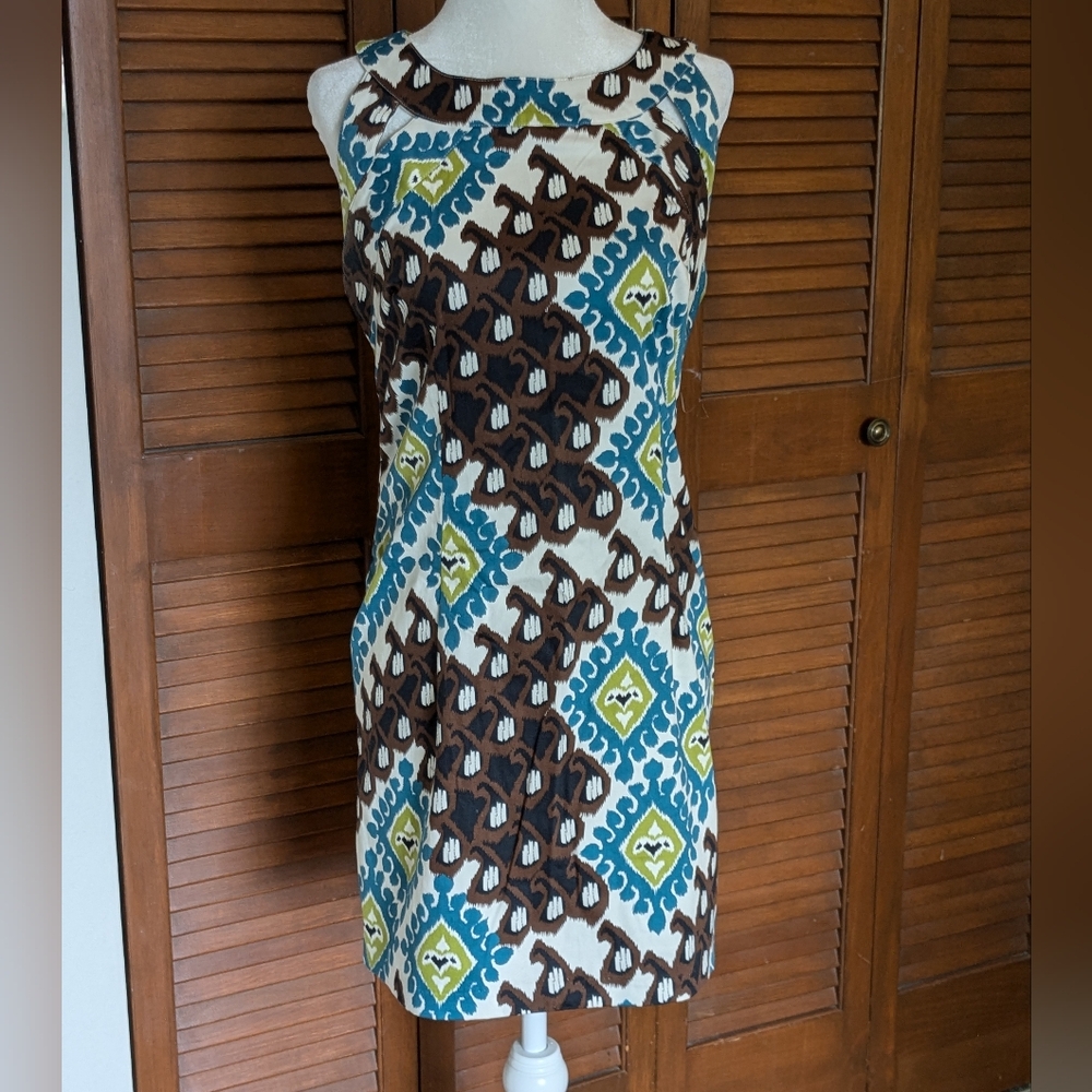 Alyn Paige Blue, Green and Brown Sleeveless Shift Dress w/ Back Cutouts